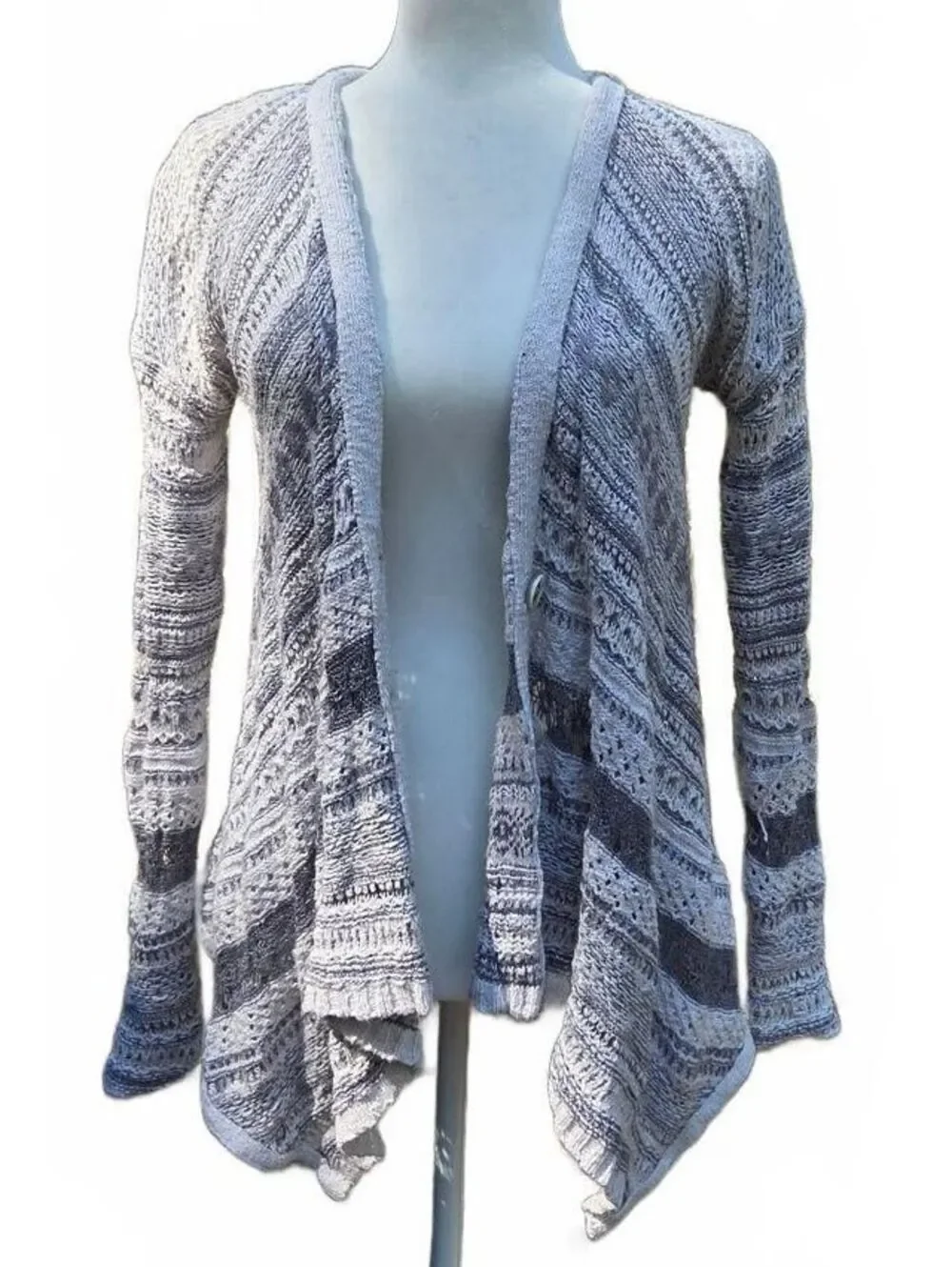 Free People Grey White Fair Isle Knit Open Cardigan Sweater Lagenlook Cottage